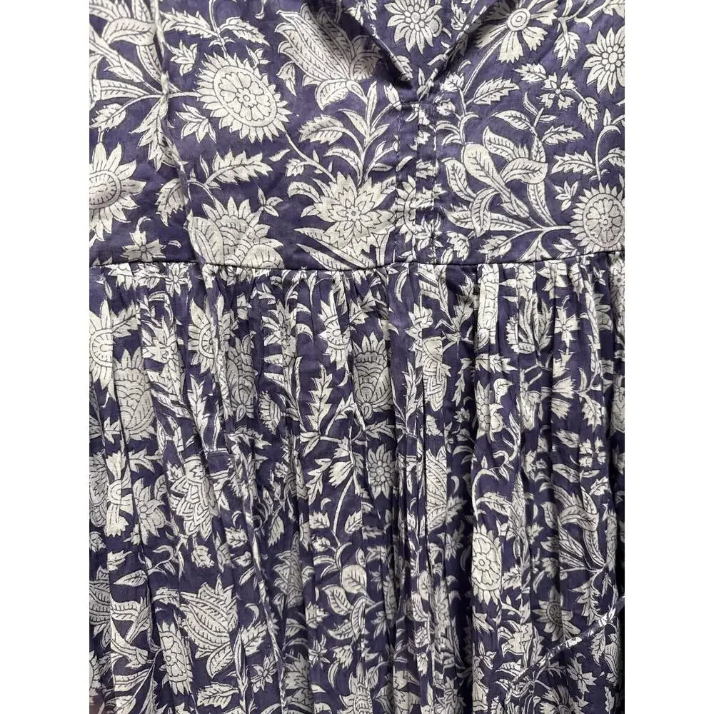 Daughters Of India Kyra Blue Iris Floral Long Peasant Sleeve Midi Dress Size 3XL